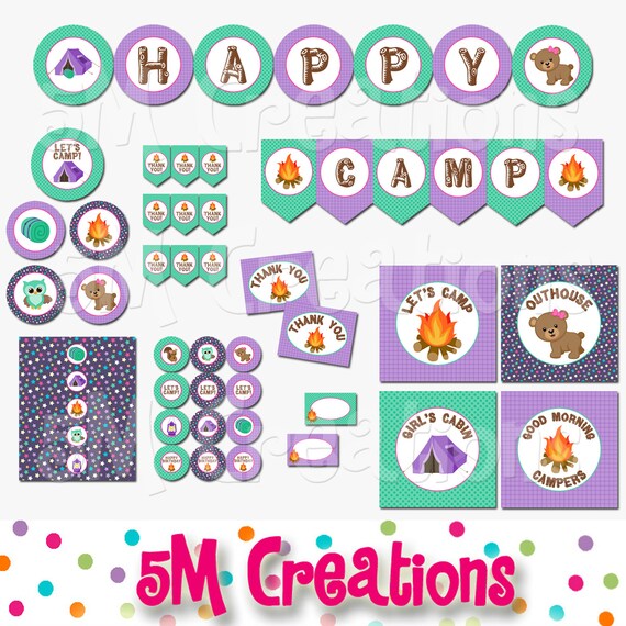 Camping Birthday Party Printable Decorations - Girl Glamping Party - Camp Out Printables - Camp Banner Cupcake Toppers INSTANT DOWNLOAD pdf Il_570xn