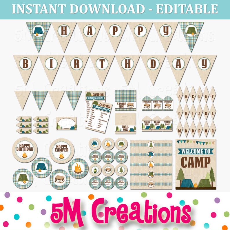 Camping Birthday Party Printable Decorations   Editable image 1