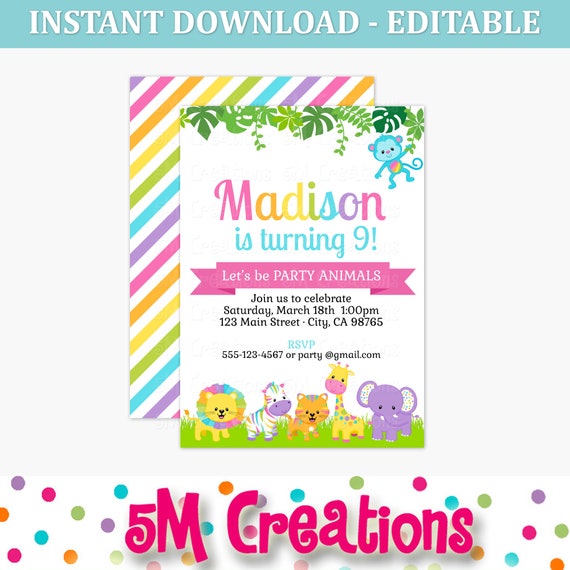 Rainbow Safari Animal Birthday Party Invitations - Rainbow Animal EDITABLE Printable Invitation PDF - Kids Party Invite Il_570xn