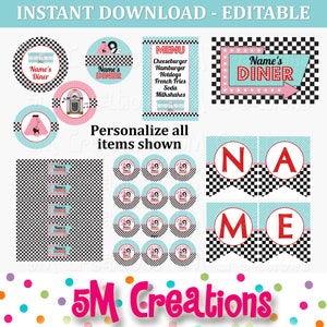 50s Birthday Party Decor 1950 Sock Hop Diner Birthday Party EDITABLE Printables Poodle Skirt Cupcake Toppers Banner Instant Download image 2