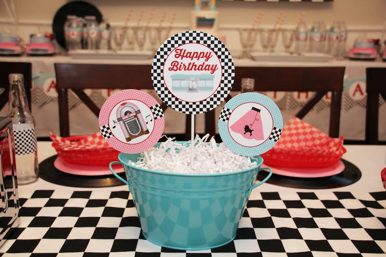 50s Birthday Party Decor 1950 Sock Hop Diner Birthday Party EDITABLE Printables Poodle Skirt Cupcake Toppers Banner Instant Download image 7