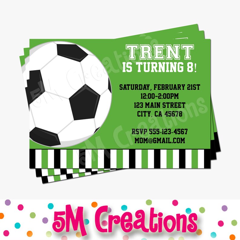 soccer printable invitation soccer birthday party soccer ball invite green black stripe soccer invitation soccer ball invitations