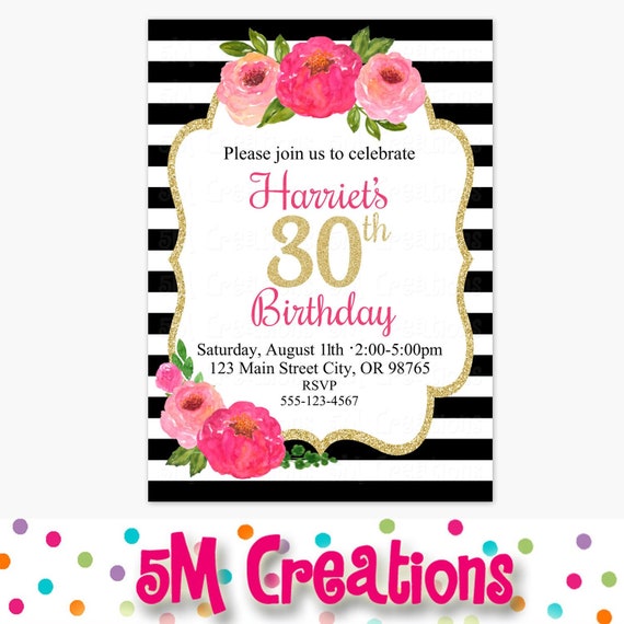 floral birthday party invitation black white pink gold black and white 30th birthday invitations