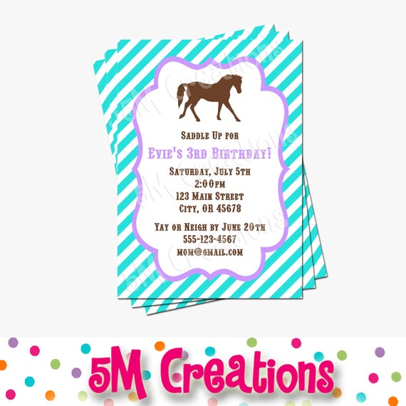 Pony Party Invitation - Horse Birthday Invitations - Cowgirl Birthday Party - Digital Printable Invitation - Girl Birthday Party Purple Il_570xn
