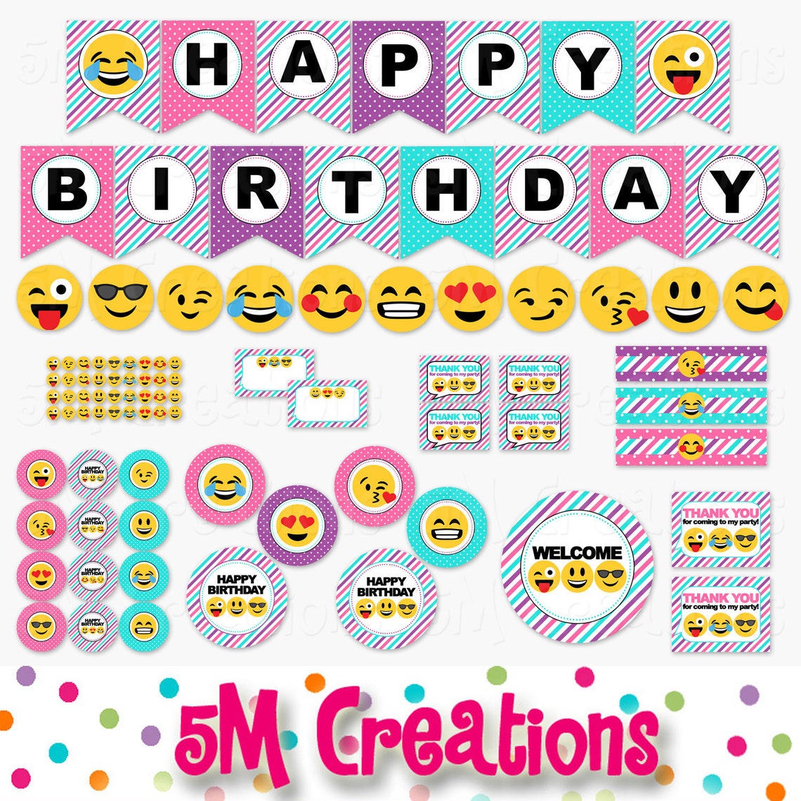Girl Emoji Birthday Party Printable Decorations Smiley Face | Etsy