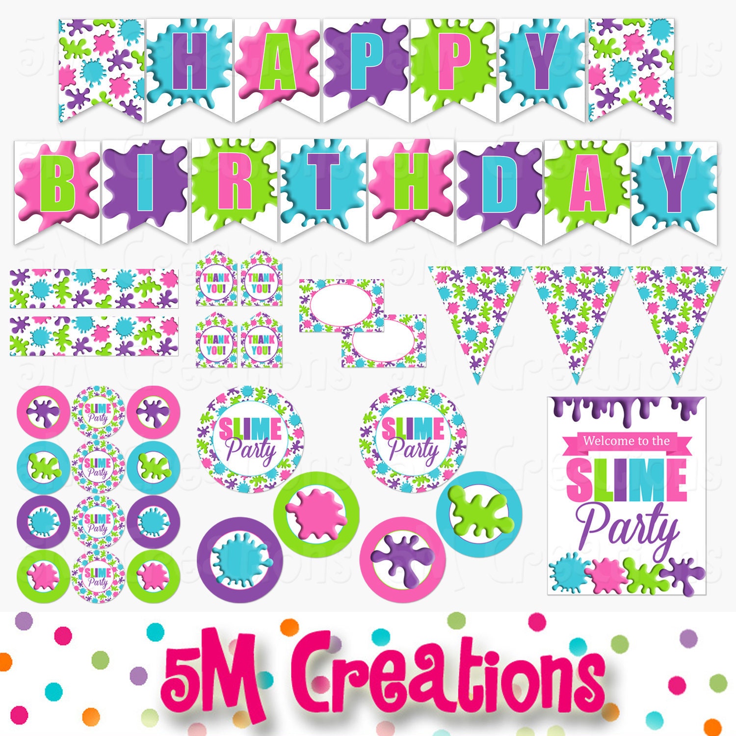 SLIME Birthday Party Printable Decorations - Girl Slime Birthday Party -  Pink Purple Green Blue Banner Cupcake Toppers INSTANT DOWNLOAD