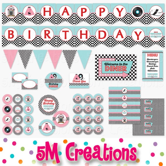 50s Birthday Party Decor - 1950 Sock Hop Diner Birthday Party Printables -Poodle Skirt Roller Skate Cupcake Toppers Banner Instant Download Il_570xn