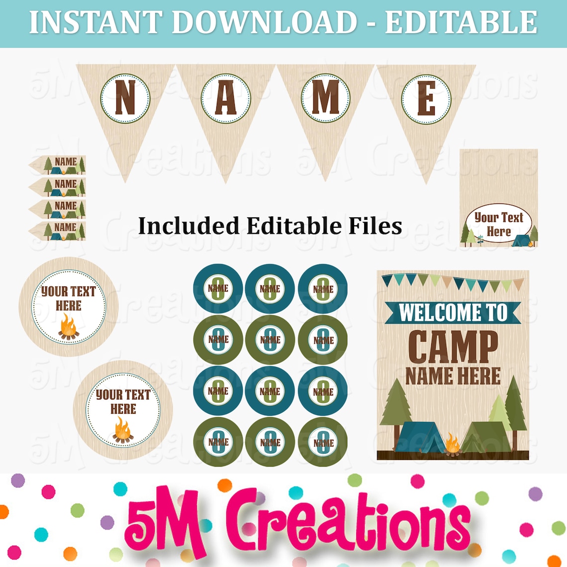 Camping Birthday Party Printable Decorations Editable | Etsy