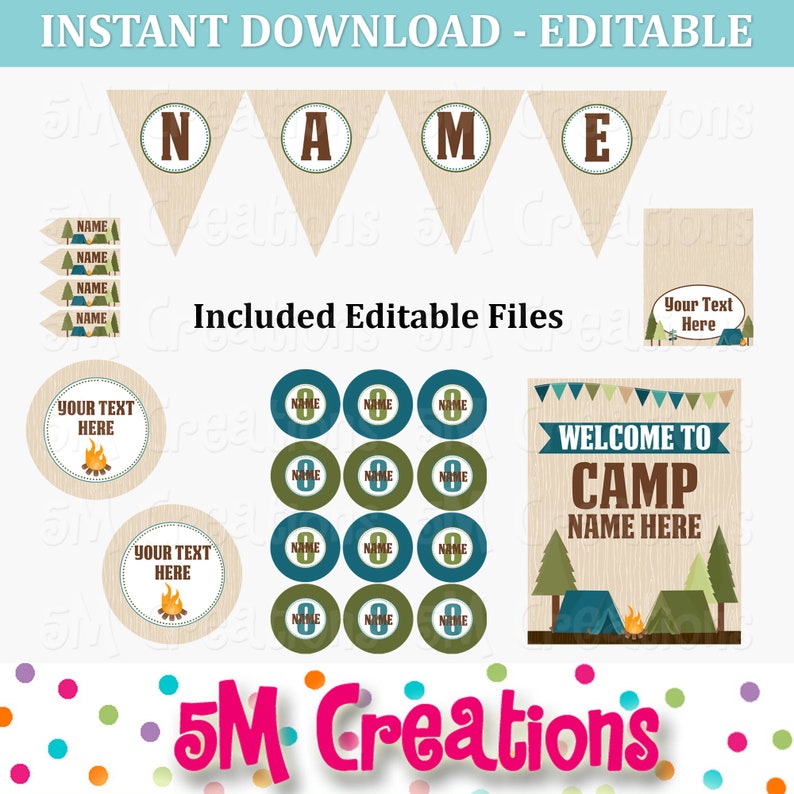 Camping Birthday Party Printable Decorations Editable INSTANT DOWNLOAD pdf Boy Camping Party Camp Out Printables Camp Banner Signs image 2