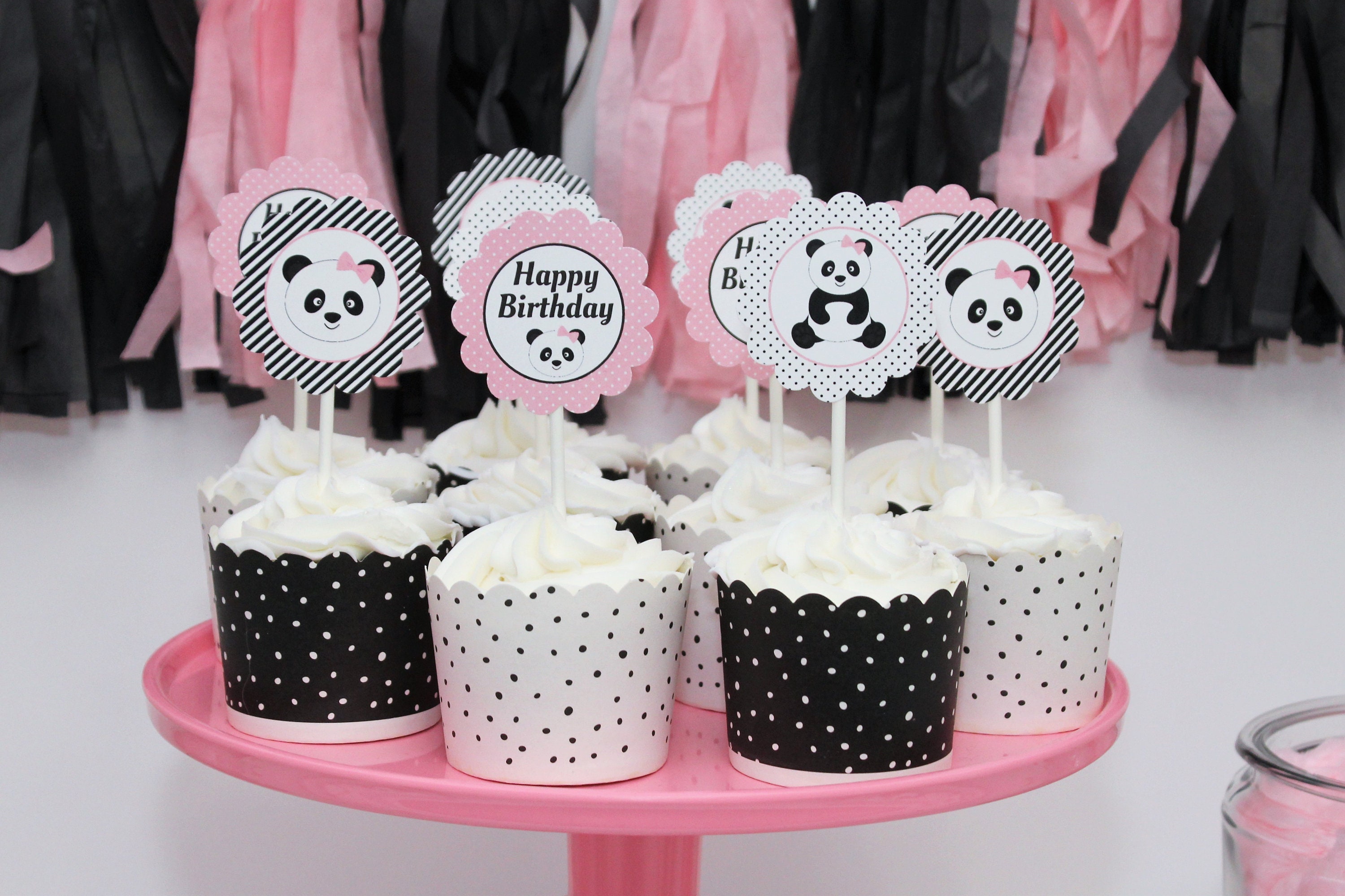 18pcs Dessert Cupcake Topper Animal Panda Theme Decor Supplies Baby Shower Boys Girls Happy Birthday Party Decorations Black White Glitter
