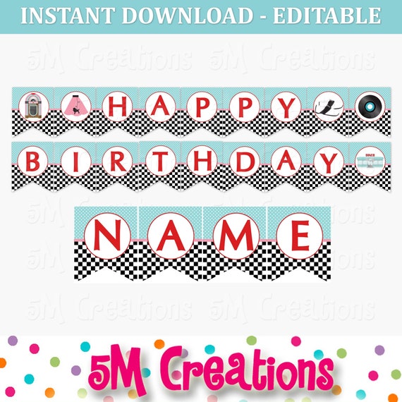 50s Diner Happy Birthday Banner - Editable Printable Banner - 1950 Sock Hop Diner Birthday Party Decor - Instant Download Il_570xn