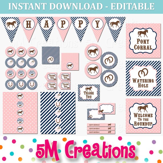 PONY Birthday Party Printable Decoration Package - Horse Party Printables - Cowgirl Party- Pink Navy- Editable INSTANT DOWNLOAD Pdf Il_570xn