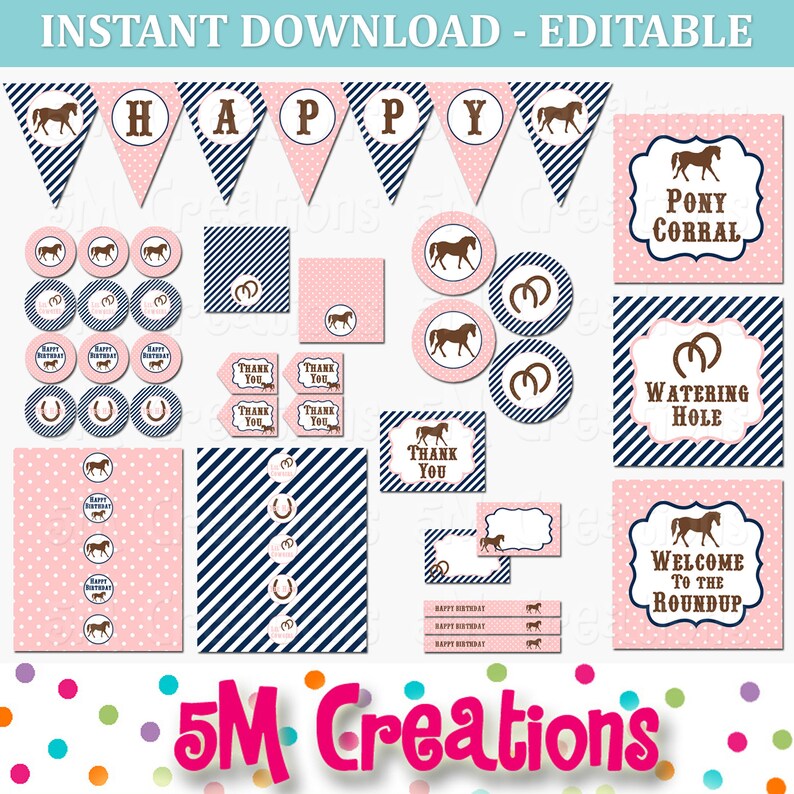 PONY Birthday Party Printable Decoration Package Horse Party Printables Cowgirl Party Pink Navy Editable INSTANT DOWNLOAD Pdf image 1