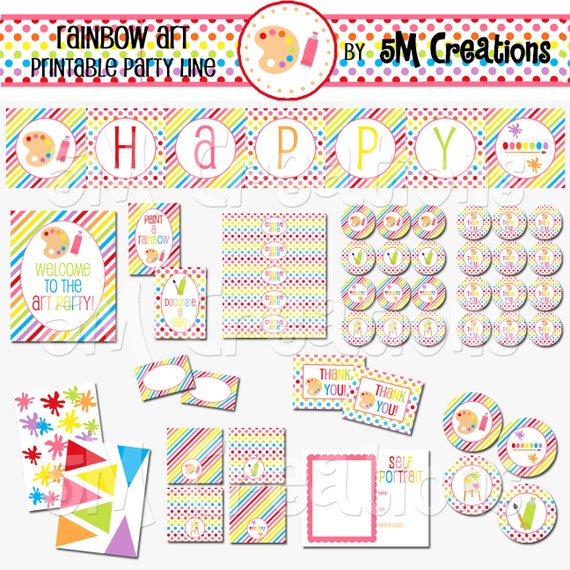 Rainbow Art Party Printable Package Art Birthday Party Decorations Rainbow  Party Banner Art Party Package INSTANT DOWNLOAD Pdf 