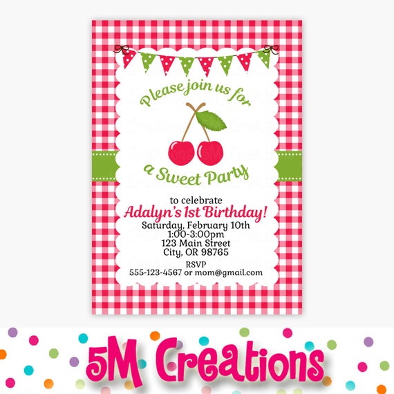 cherry birthday party invitation picnic birthday party red