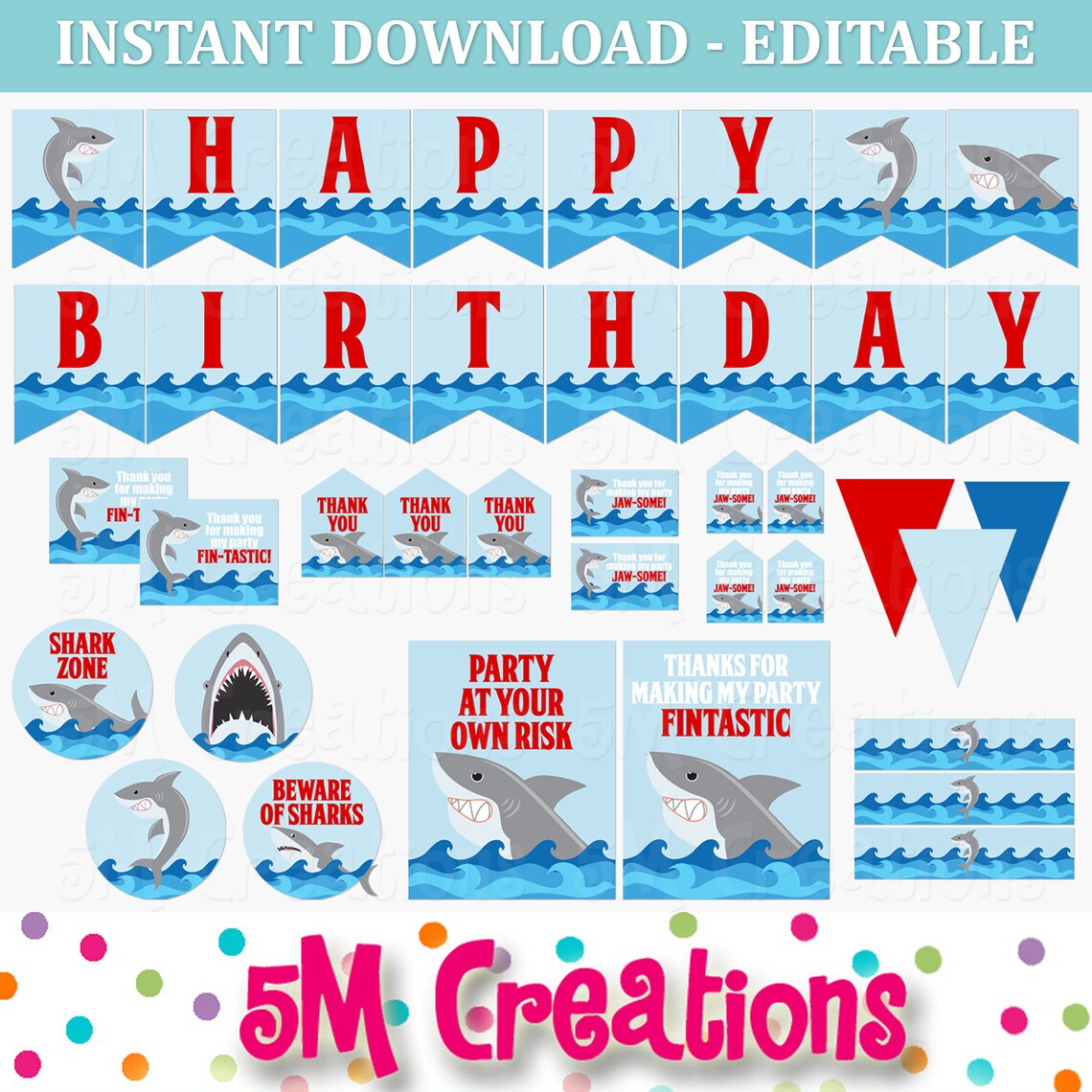 Shark Birthday Party Decor Shark EDITABLE Printable Instant - Etsy
