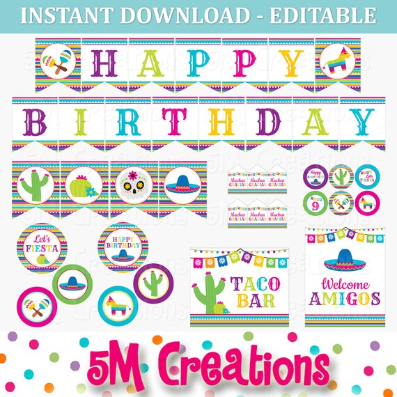 Fiesta Birthday Party Decor - Cinco De Mayo Birthday Party - Mexican Fiesta EDITABLE Printables Instant Download - Photo Props, Banner, Sign Il_570xn