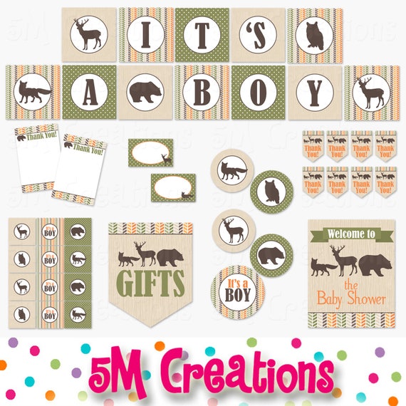Woodland Baby Shower Decorations - Foerst Animal Party Package - Fox Deer Bear Banner Cupcake Toppers - Digital Package - INSTANT DOWNLOAD Il_570xn