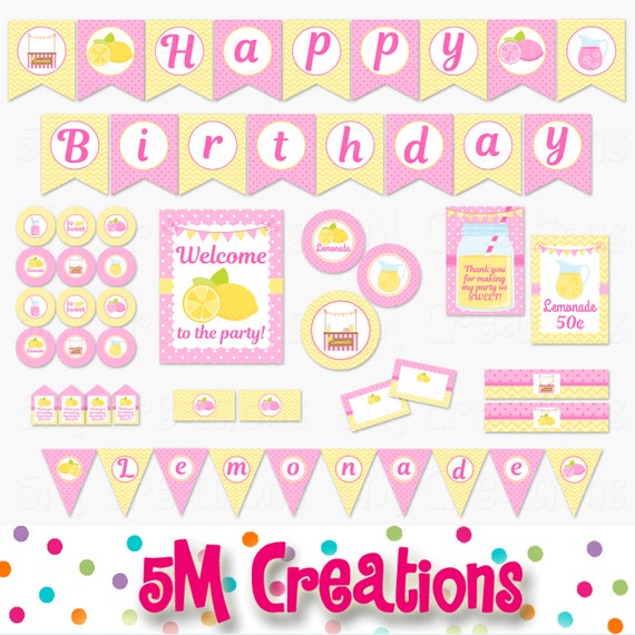Lemonade Birthday Party Printable Decorations - Lemonade Party Printables Package -Pink Yellow Banner Cupcake toppers INSTANT DOWNLOAD PDF Il_570xn