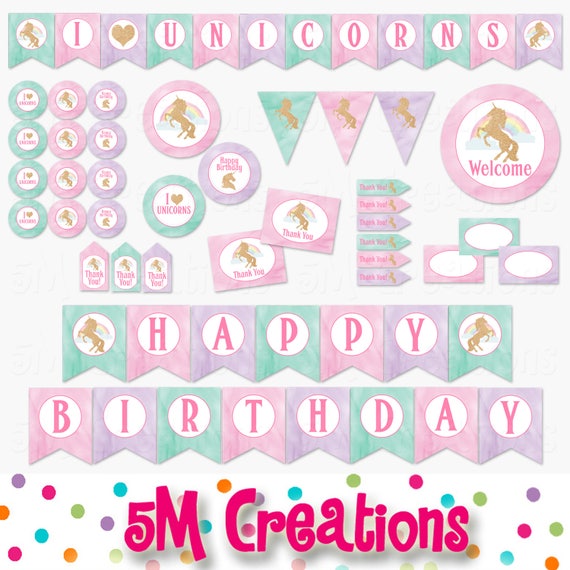 Unicorn Party Decorations - Pastel Watercolor Unicorn Birthday Party Package - Pony Banner - Digital Printable Package INSTANT DOWNLOAD Pdf Il_570xn
