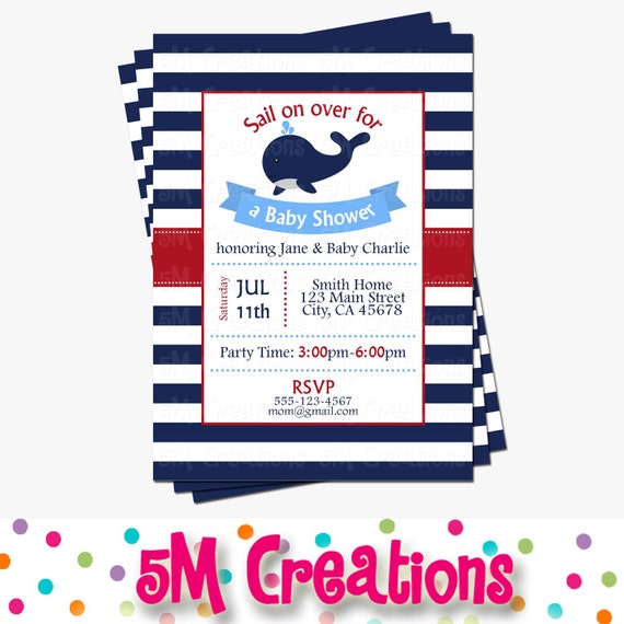 Whale Baby Shower Invitation - Nautical Baby Shower Invitations - Nautical Invitations - Whale Birthday Party - Digital Printable Invite Il_570xn