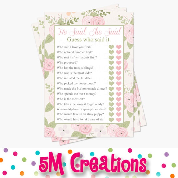 He Said She Said Bridal Shower Game - Floral Bridal Shower Game - Printable Bridal Shower Game - Instant Download - Pink Mint Wedding Il_570xn