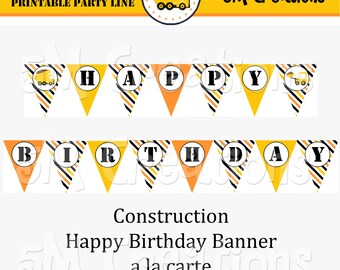 Printable Construction Party Banner - Construction Happy Birthday Banner - Dump Truck Excavator Party Decorations - INSTANT DOWNLOAD PDF