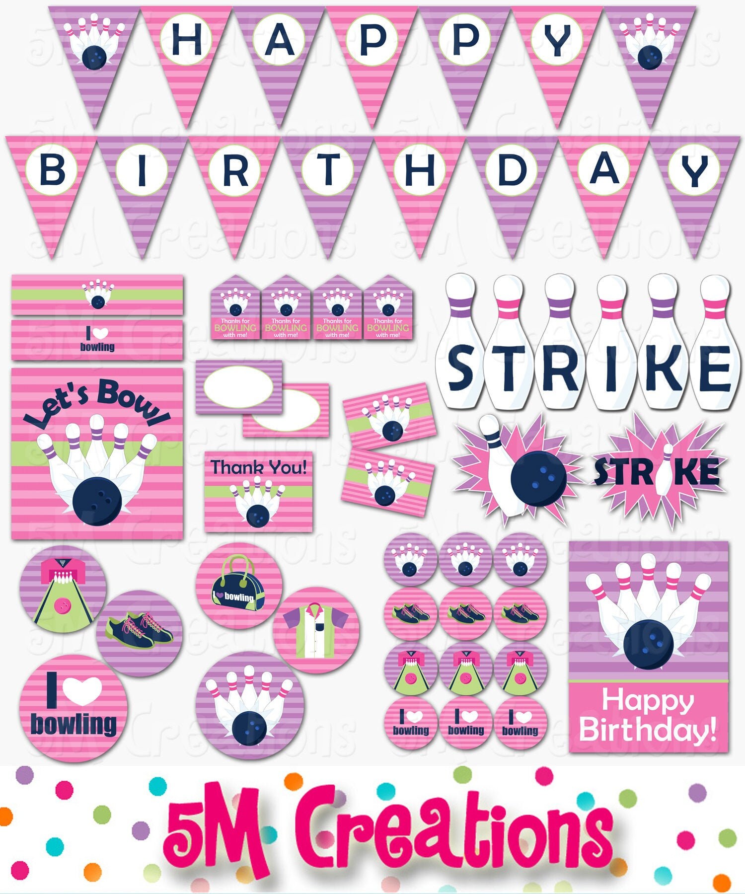 Bowling Birthday Party Decorations Bowling Party Package Girl Bowling Banner Cupcake Toppers Printable Instant Download Pdf