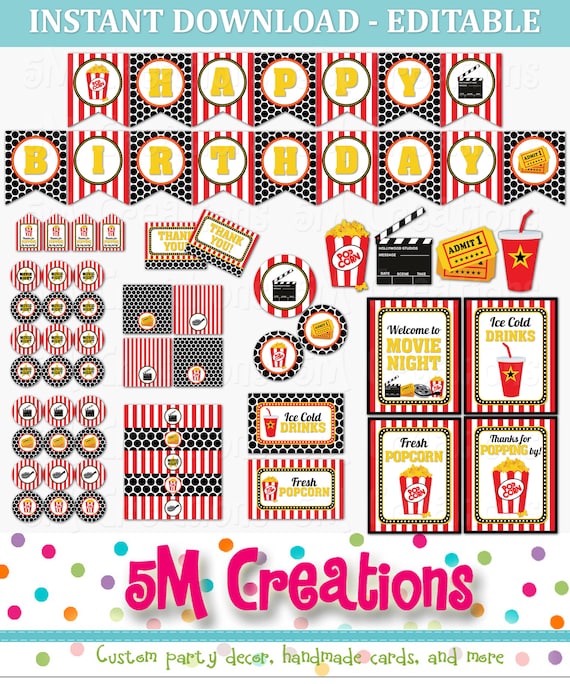 Movie Night Birthday Party Decor - EDITABLE Printable Instant Download PDF - Popcorn Theater Birthday Party Decoration - Awards Party Il_570xn