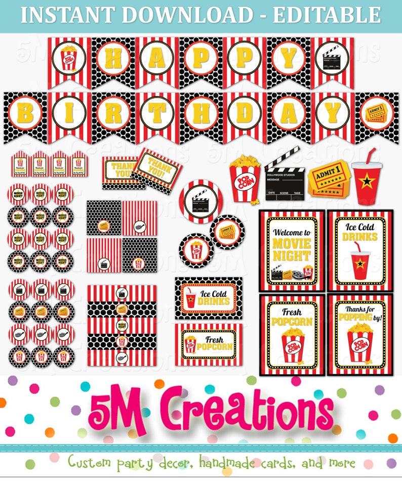 Movie Night Birthday Party Decor EDITABLE Printable Instant Download PDF Popcorn Theater Birthday Party Decoration Awards Party image 2