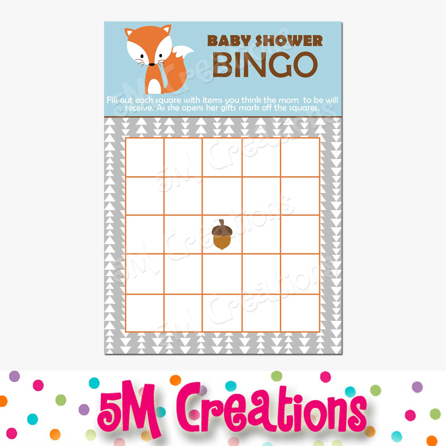 Fox Baby Shower Bingo Card Printable Bingo Card Printable - Etsy
