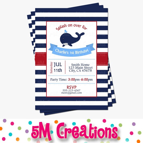 Whale Birthday Party - Whale Baby Shower Invitation - Nautical Baby Shower Invitations - Nautical Invitations - Digital Printable Invite Il_570xn