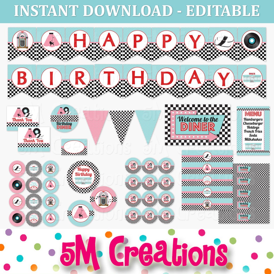 50s Birthday Party Decor - 1950 Sock Hop Diner Birthday Party EDITABLE ...
