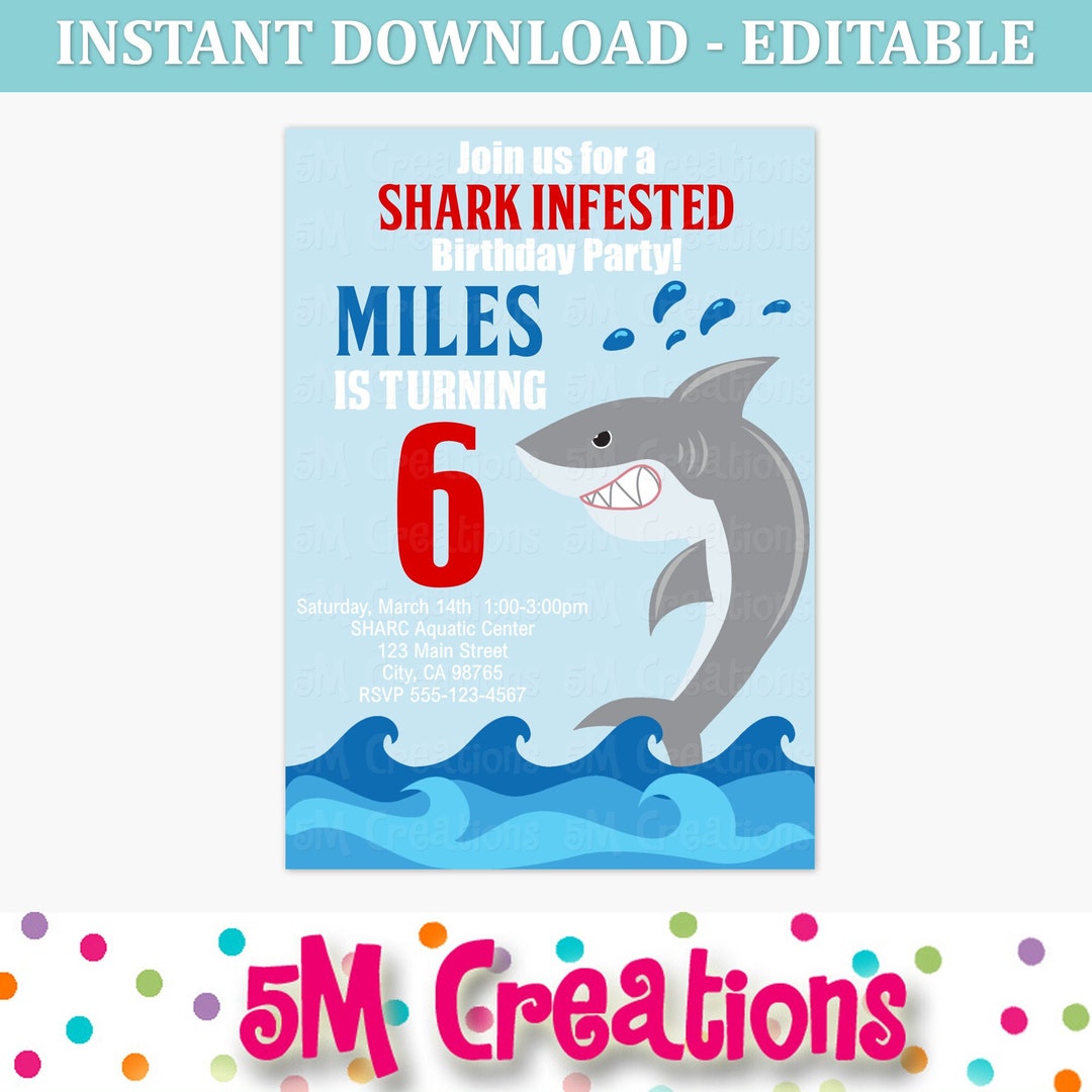 Shark Birthday Party Invitations - Shark EDITABLE Printable INSTANT ...