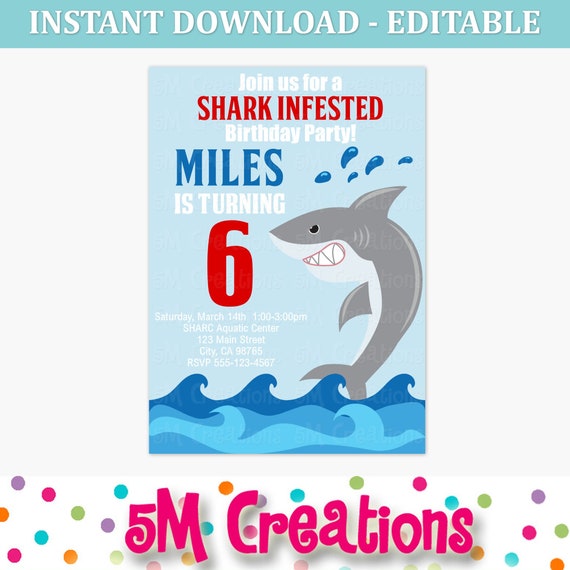 Shark Birthday Party Invitations - Shark EDITABLE Printable INSTANT DOWNLOAD Invitation - Under the Sea - Kids Party Invite Il_570xn