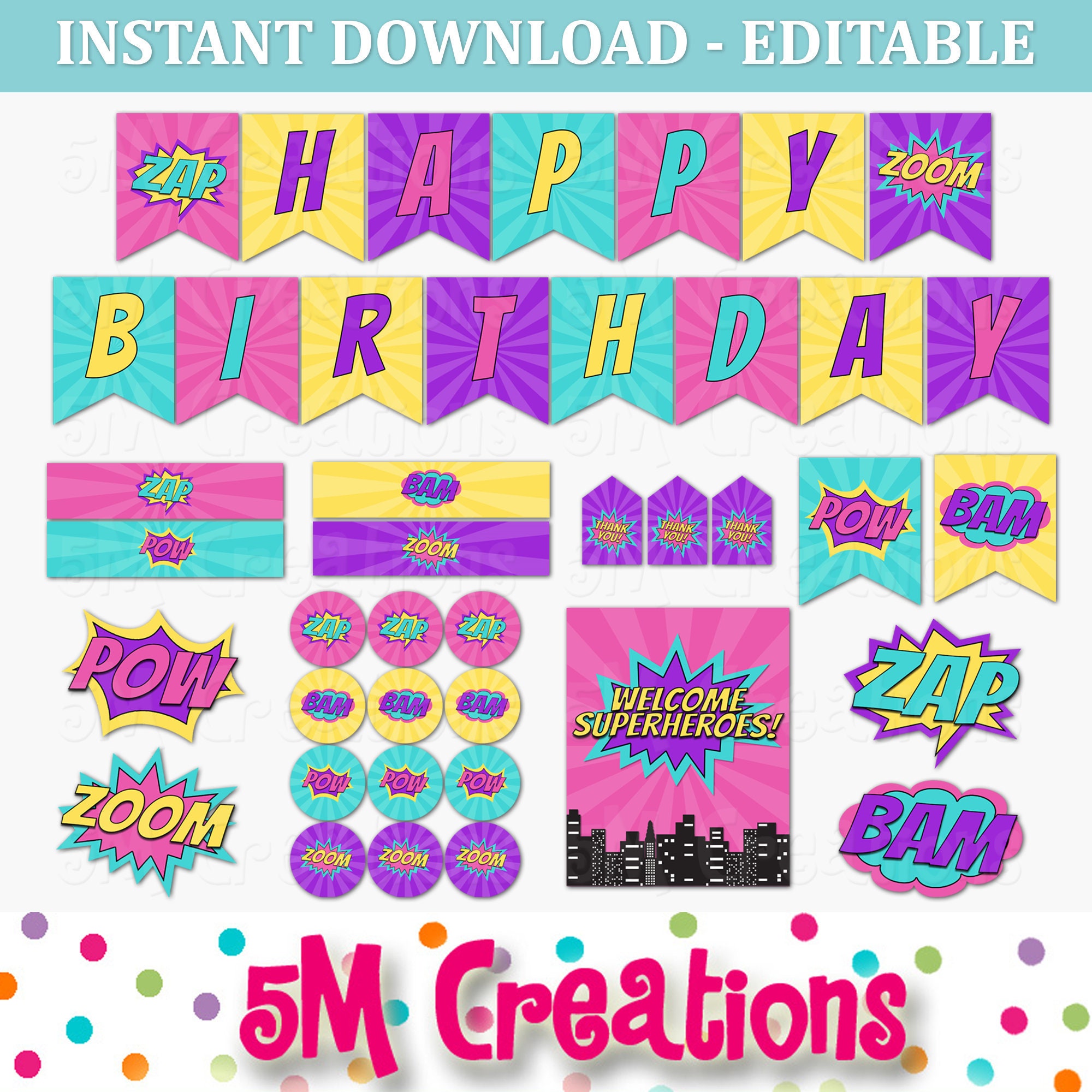 Girl Superhero Birthday Party Decor EDITABLE Printable | Etsy