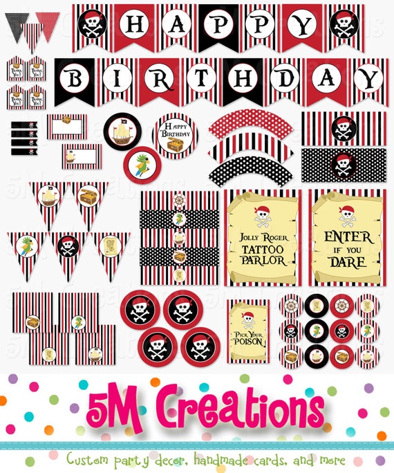 Pirate Birthday Party Printable Decorations Package - Pirate Birthday  Banner Cupcake Toppers - Red Black Pirate Party - Instant Download Pdf