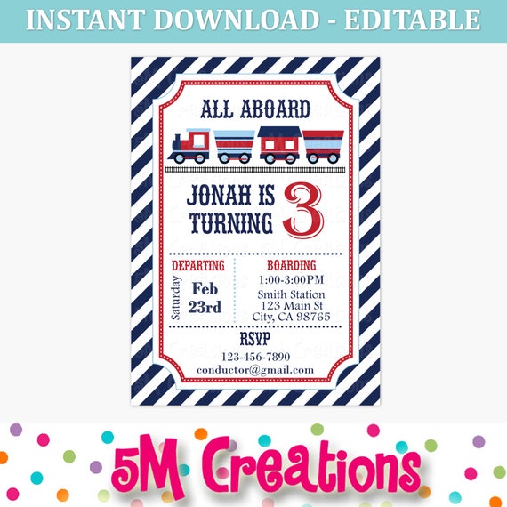 Train Birthday Party Invitations - EDITABLE Instant Download Printable Train Birthday Party Invite - Boy Party Invitation Red Navy Il_570xn