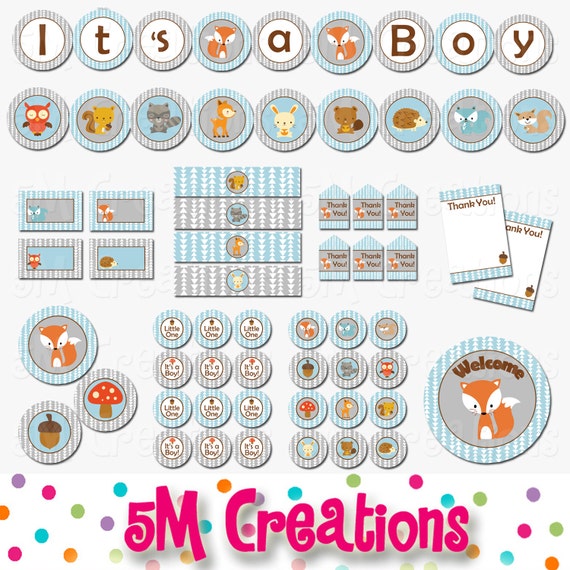Fox Baby Shower Decorations - Woodland Animal Party Package - Forest Animal Banner Cupcake Toppers - Digital Package - INSTANT DOWNLOAD Il_570xn