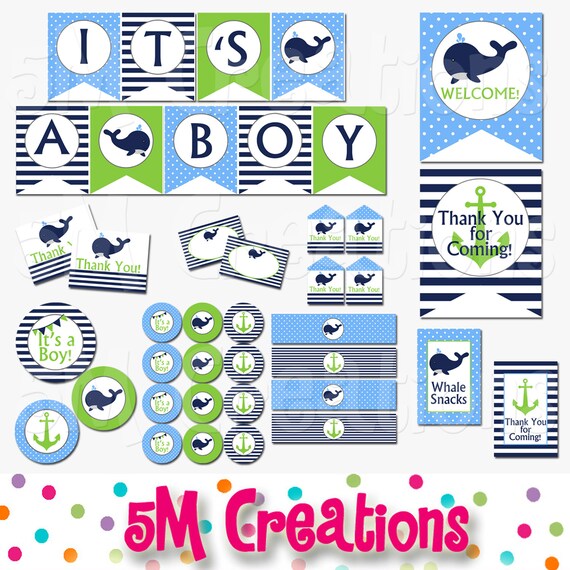 Whale Baby Shower Decorations - Whale Party Package Navy Blue Green - Nautical Banner Cupcake Toppers - Digital Package - INSTANT DOWNLOAD Il_570xn