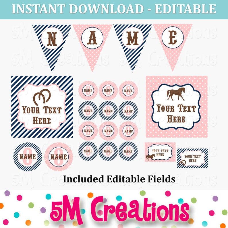 PONY Birthday Party Printable Decoration Package Horse Party Printables Cowgirl Party Pink Navy Editable INSTANT DOWNLOAD Pdf image 2