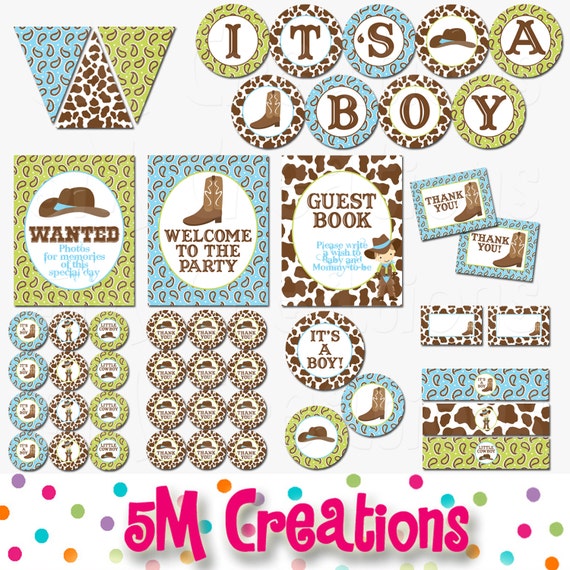 Cowboy Party - Printable Decorations - Western Baby Shower Package - Boot Hat Banner Cupcake Toppers -INSTANT DOWNLOAD Pdf Il_570xn