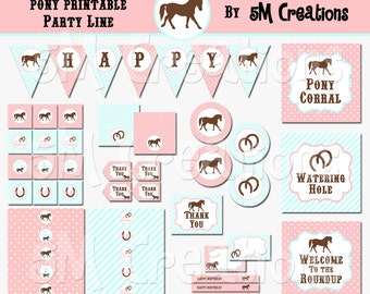 PONY Birthday Party Printable Decorations Package - Horse Party Printables - Cowgirl - Pink Aqua Banner Cupcake toppers INSTANT DOWNLOAD Pdf