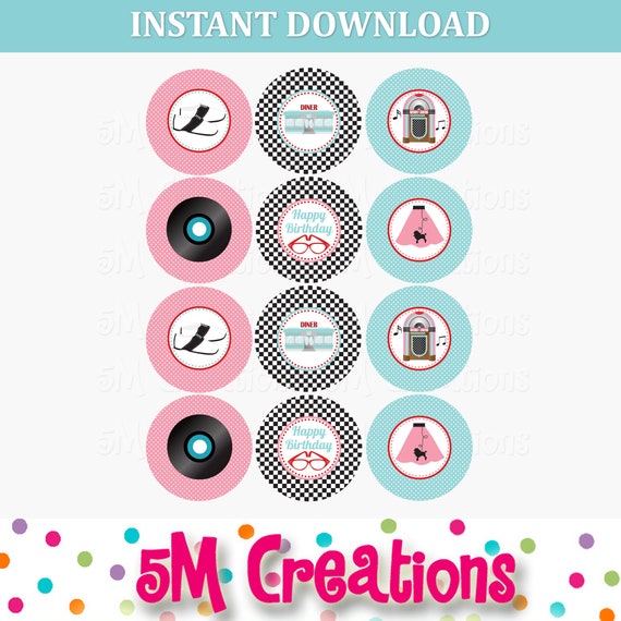 50s Diner Happy Birthday Cupcake Toppers - Printable Cupcake Toppers - 1950 Sock Hop Diner Birthday Party Decor - Instant Download Il_570xn