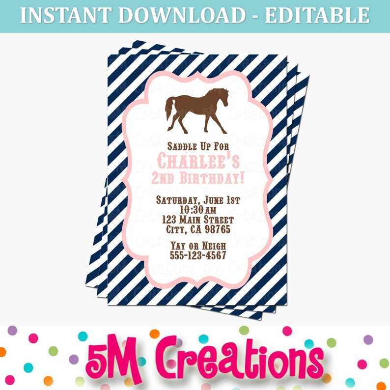 Pony Party Invitation Horse Birthday Invitations Cowgirl Birthday Party Digital Printable Invitation Girl Birthday Party Navy Pink image 1