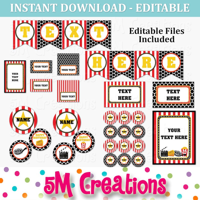 Movie Night Birthday Party Decor EDITABLE Printable Instant Download PDF Popcorn Theater Birthday Party Decoration Awards Party image 3