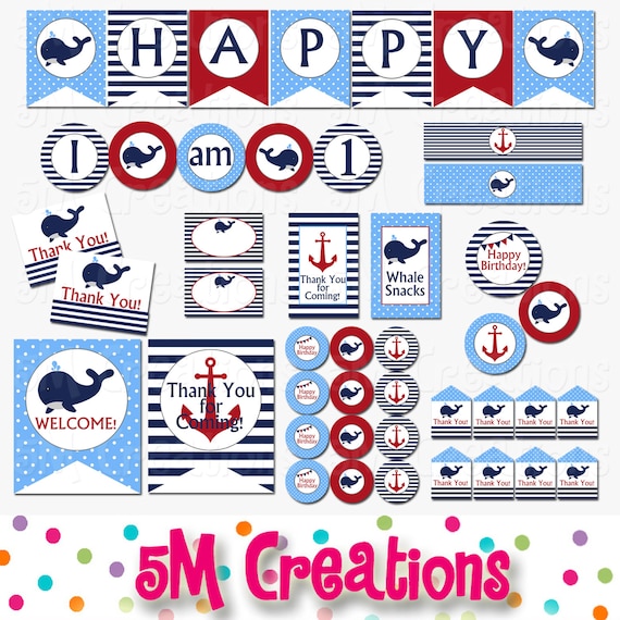 Whale Birthday Party Package - Whale Baby Shower Decorations - Nautical Banner Cupcake Toppers - Digital Package - INSTANT DOWNLOAD PDF Il_570xn