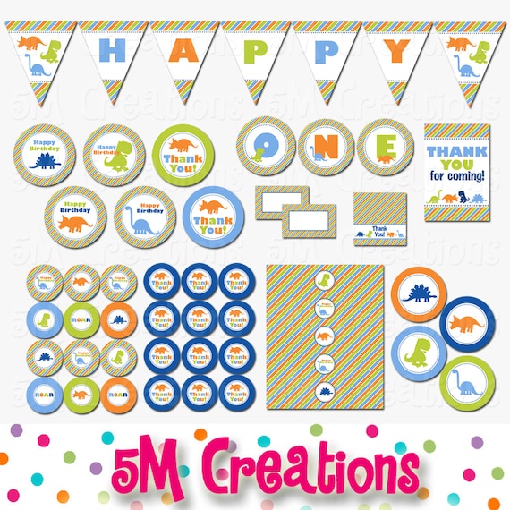 Dinosaur Birthday Party Package - Dinosaur Party Decorations - Dinosaur Banner Cupcake Toppers - Digital Package - INSTANT DOWNLOAD PDF Il_570xn