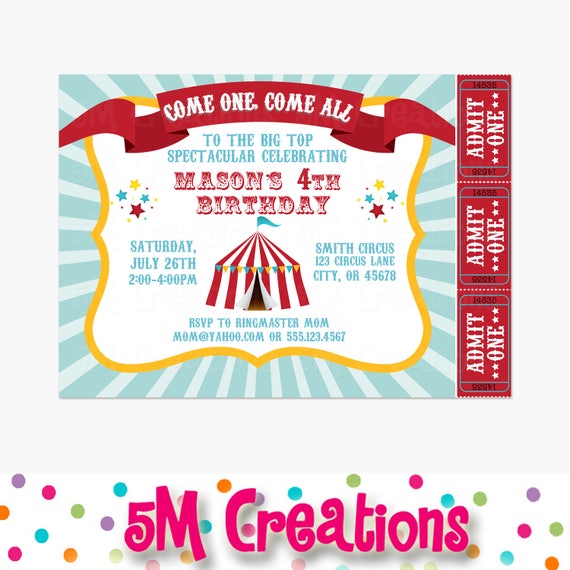 Carnival Birthday Party Invitations - Circus Printable Invite - Girl Boy Party Invitations - Circus Tent Ticket Il_570xn