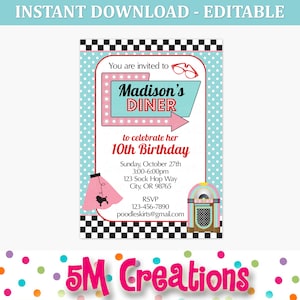 50s Birthday Party Decor 1950 Sock Hop Diner Birthday Party EDITABLE Printables Poodle Skirt Cupcake Toppers Banner Instant Download image 10